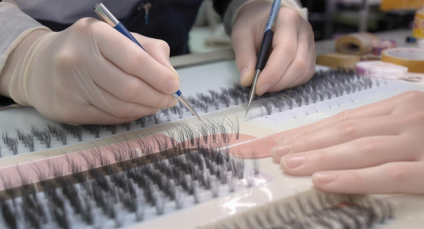 Handmade eyelash extension production professional workers assembling individual lashes factory manufacturing beauty supplies