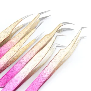Professional eyelash extension tweezers pink gold gradient precision beauty tools curved straight tips lash application set图 02