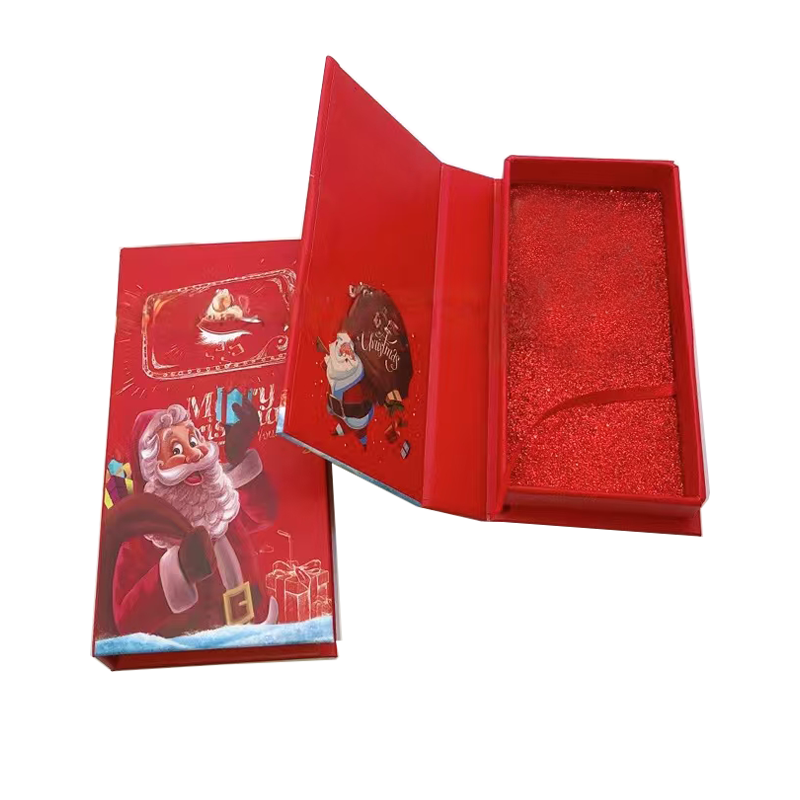 Christmas gift box santa claus design red theme holiday packaging glitter interior festive season gift container