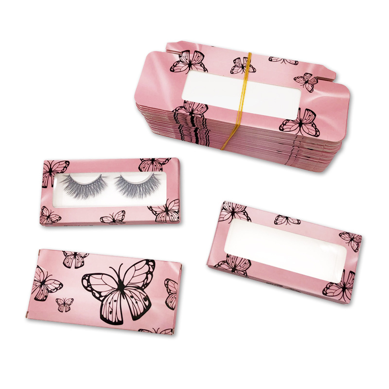 False eyelashes butterfly theme packaging purple pink gradient clear window display boxes romantic beauty product design