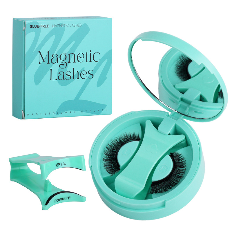Glue free magnetic eyelashes complete kit professional mint green portable mirror case with up down applicator tool