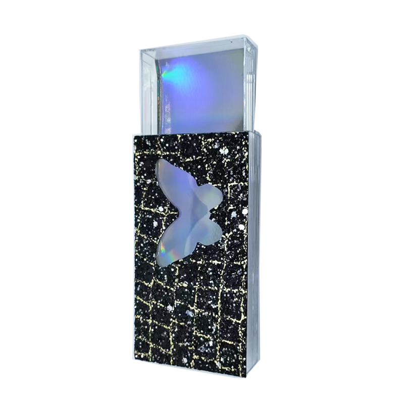 Holographic butterfly packaging box iridescent design black glitter base transparent butterfly modern luxury cosmetic container