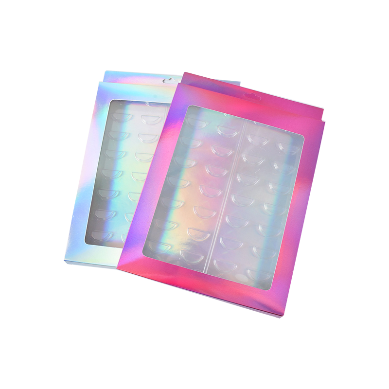 Holographic gradient packaging boxes rainbow effect clear window display iridescent blue pink purple modern design