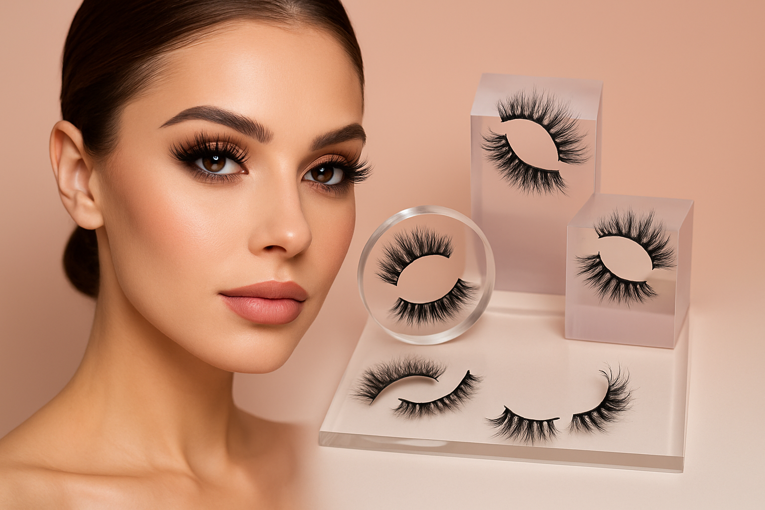 Oemevelash wholesale false eyelashes supplier beautiful woman showcasing premium lash extensions with product display for beauty distributors