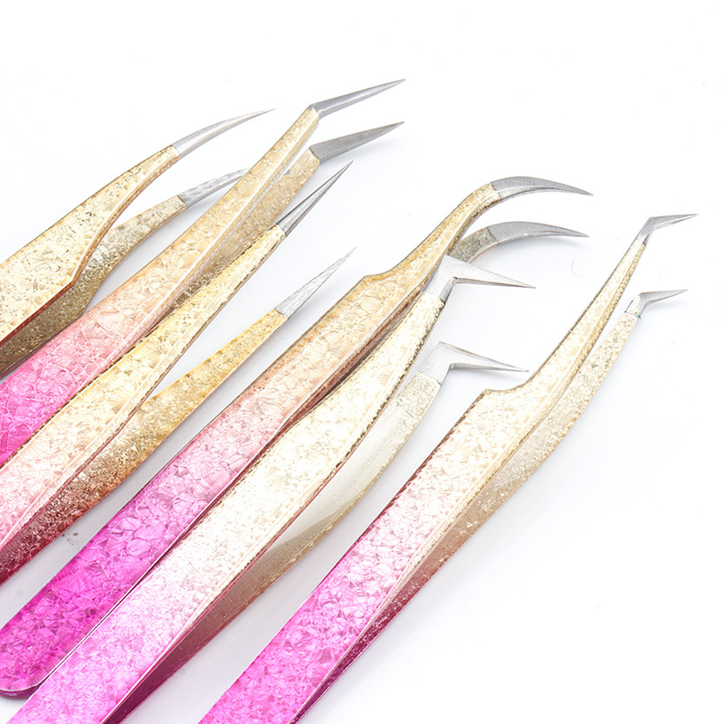 Professional eyelash extension tweezers pink gold gradient precision beauty tools curved straight tips lash application set图 02