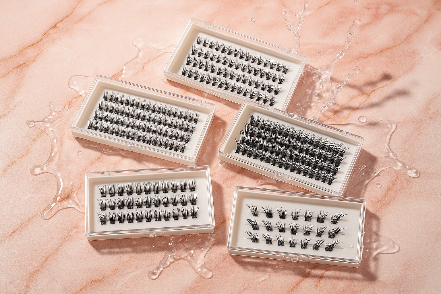 Professional lash clusters waterproof eyelash extensions trays water resistant beauty supplies marble background