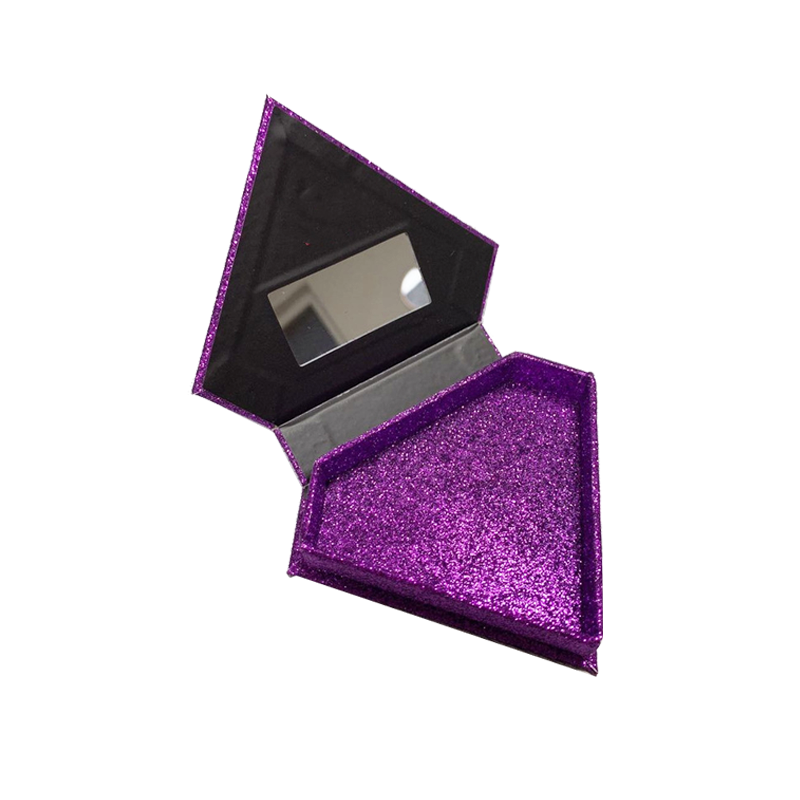 Triangle glitter packaging box purple sparkle geometric design black interior mirror lid unique shape gift container